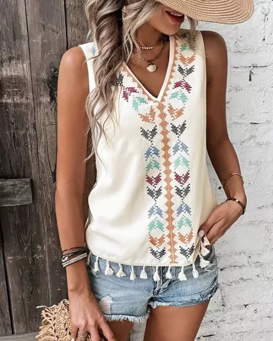 Embroidered Tasseled Loose Sleeveless V-Neck Vest Top