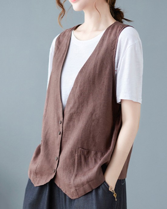 Simple Loose V-Neck Solid Color Vest