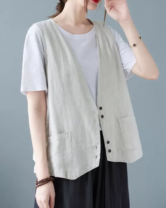 Simple Loose V-Neck Solid Color Vest