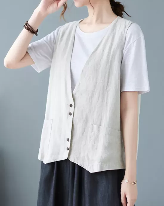 Simple Loose V-Neck Solid Color Vest