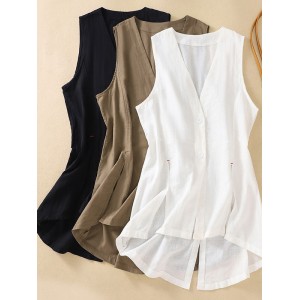 Artistic Retro Loose Ramie Cotton Buttoned Vest Outwear