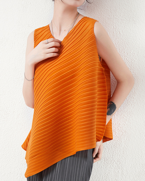 Simple Loose Sleeveless Pleated Asymmetric Solid Color Round-Neck Vest Top