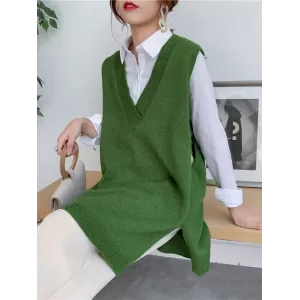 Trendy Sleeveless Split-Side Solid Color V-Neck Knitted Vest