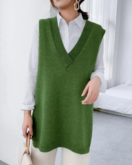 Trendy Sleeveless Split-Side Solid Color V-Neck Knitted Vest