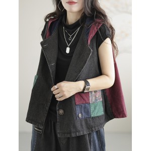 Artistic Retro Loose Denim Sleeveless Buttoned Contrast Color Hooded Vest Outerwear