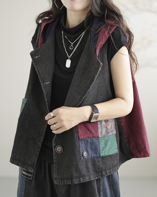 Artistic Retro Loose Denim Sleeveless Buttoned Contrast Color Hooded Vest Outerwear