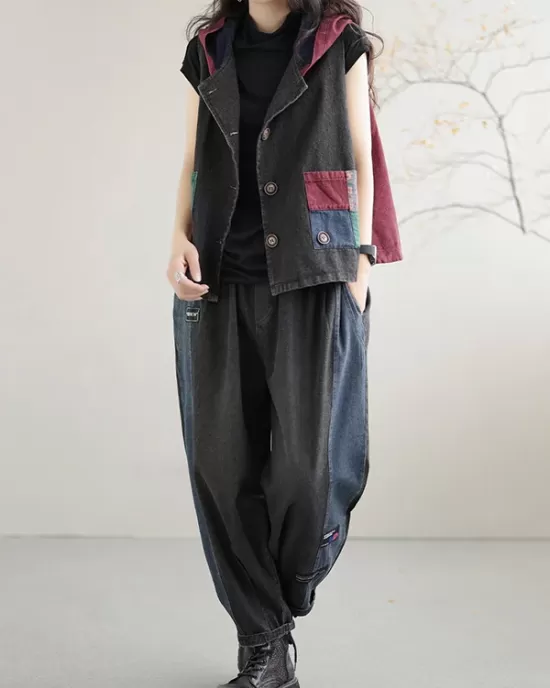 Artistic Retro Loose Denim Sleeveless Buttoned Contrast Color Hooded Vest Outerwear