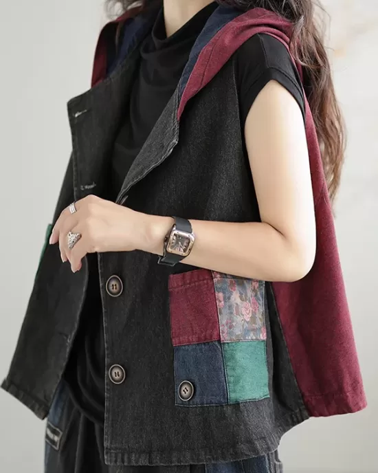 Artistic Retro Loose Denim Sleeveless Buttoned Contrast Color Hooded Vest Outerwear