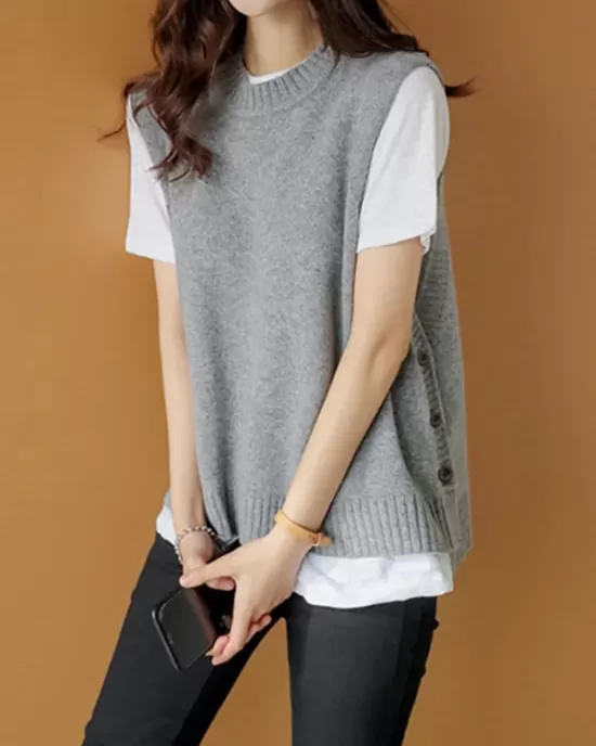 Simple Sleeveless Loose Buttoned Solid Color Round-Neck Sweater Vest Outerwear