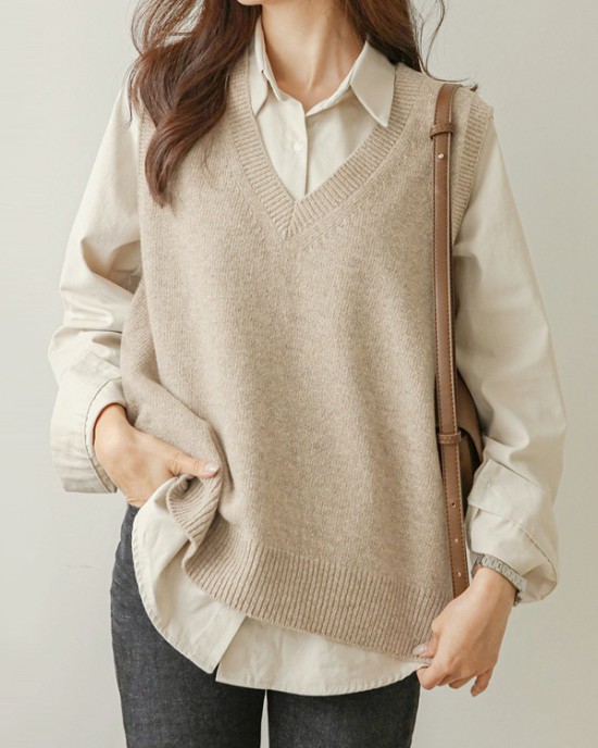 Casual Loose Sleeveless Solid Color V-Neck Sweater Vest Outerwear