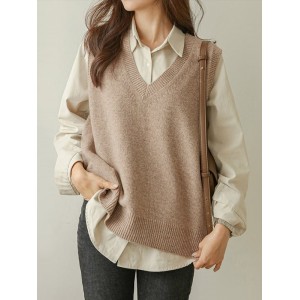 Casual Loose Sleeveless Solid Color V-Neck Sweater Vest Outerwear