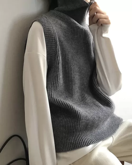 Casual Loose Sleeveless Solid Color High-Neck Sweater Vest Outerwear