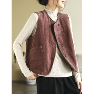 Vintage Sleeveless Loose Buttoned Split-Joint Solid Color Round-Neck Vest Outerwear