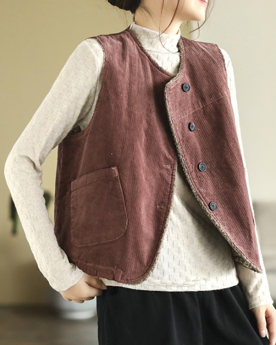 Vintage Sleeveless Loose Buttoned Split-Joint Solid Color Round-Neck Vest Outerwear