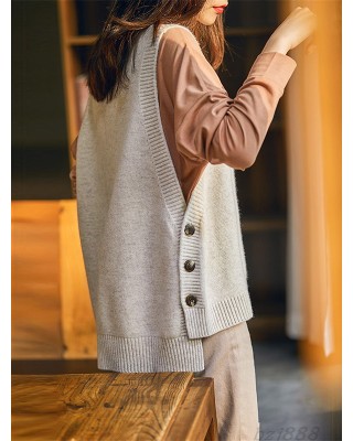 Casual Sleeveless Loose Solid Color Round-Neck Knitting Vest Outerwear