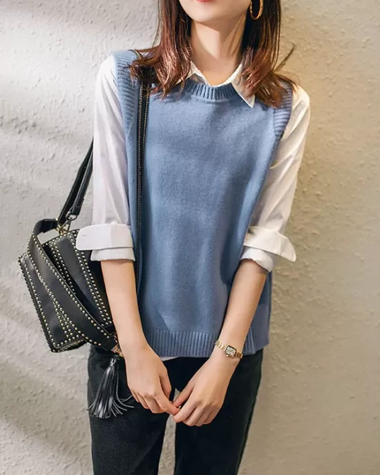 Casual Sleeveless Loose Solid Color Round-Neck Knitting Vest Outerwear