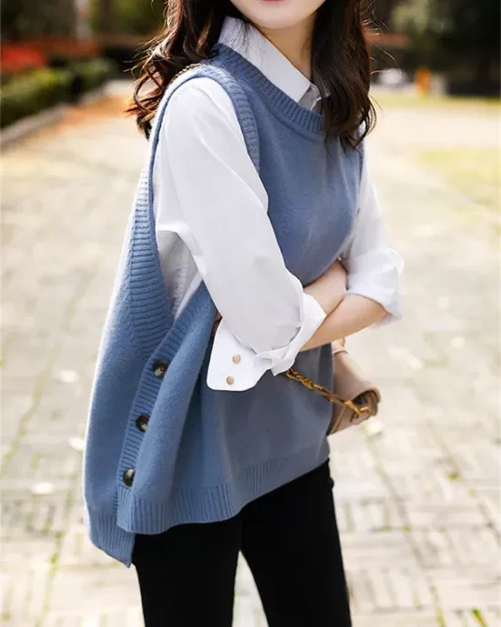 Casual Sleeveless Loose Solid Color Round-Neck Knitting Vest Outerwear