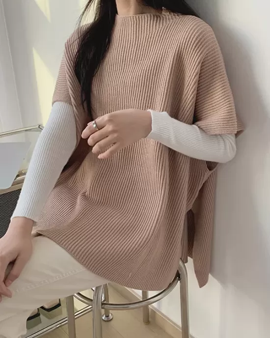 Casual Loose Short Sleeves Solid Color Round-Neck Sweater Tops Vest Top