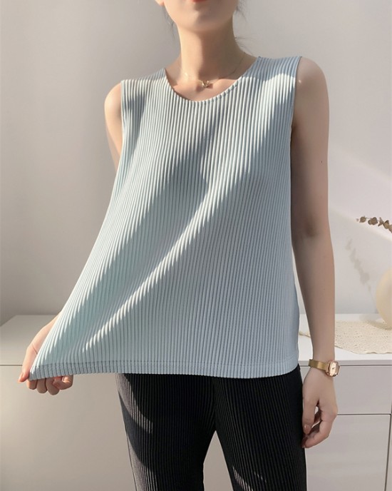 Casual Sleeveless Pleated Solid Color Round-Neck Vest Top