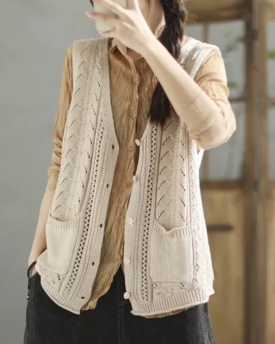 Casual Loose Sleeveless Buttoned Hollow Solid Color V-Neck Vest Outerwear