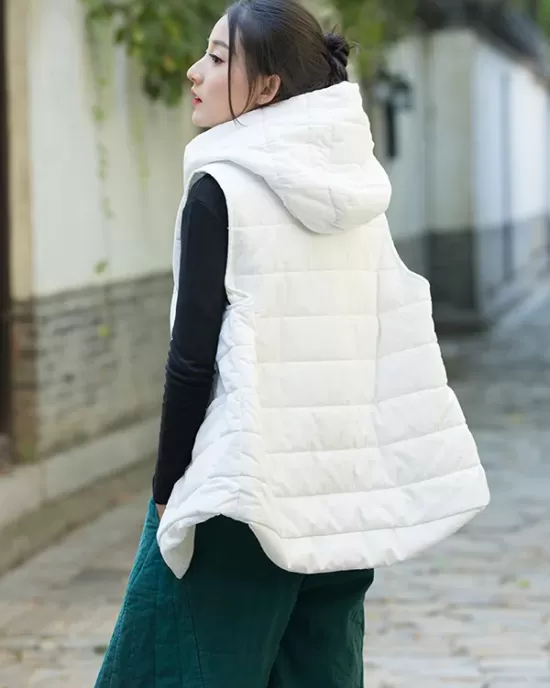 Simple Sleeveless Loose Keep Warm Cotton Quilted Solid Color Hooded Vest Outerwear