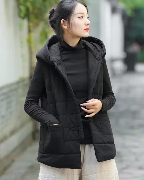 Simple Sleeveless Loose Keep Warm Cotton Quilted Solid Color Hooded Vest Outerwear