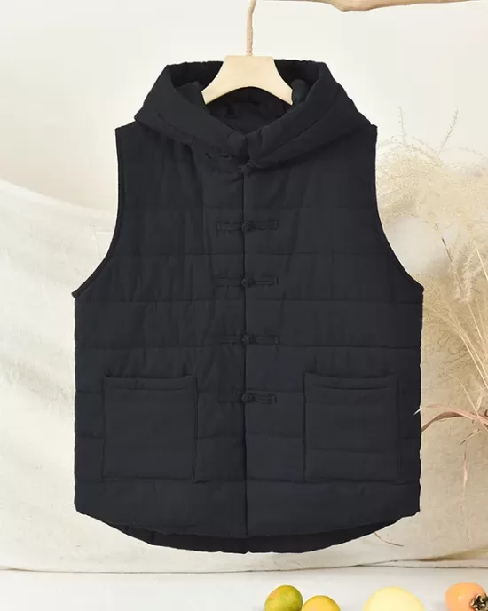 Simple Sleeveless Loose Keep Warm Cotton Quilted Solid Color Hooded Vest Outerwear