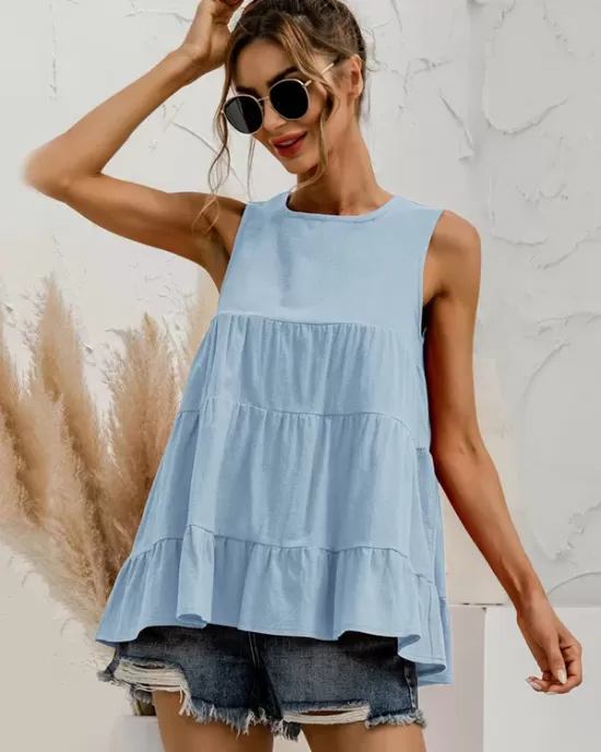 Casual Loose Sleeveless Split-Joint Solid Color Round-Neck Vest Top