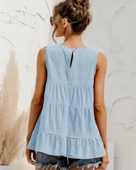 Casual Loose Sleeveless Split-Joint Solid Color Round-Neck Vest Top