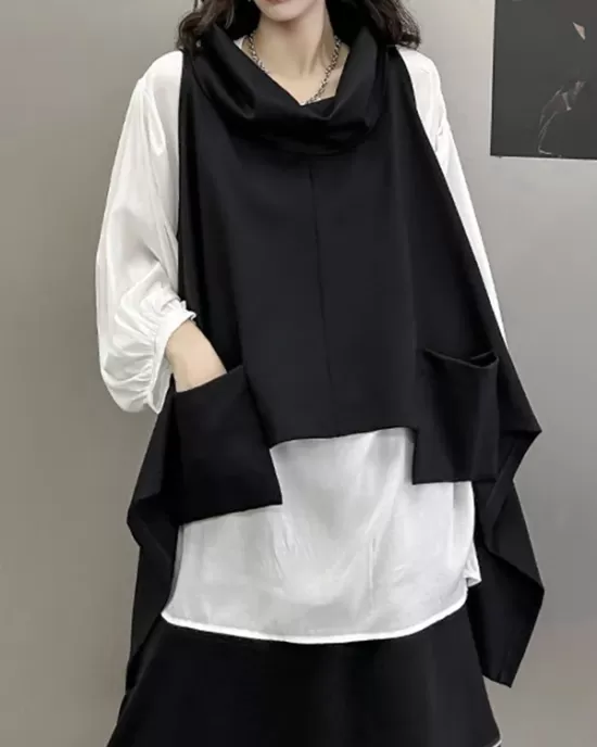 High-Low Irregular Clipping Hooded Solid Color Heaps Collar Vest Top