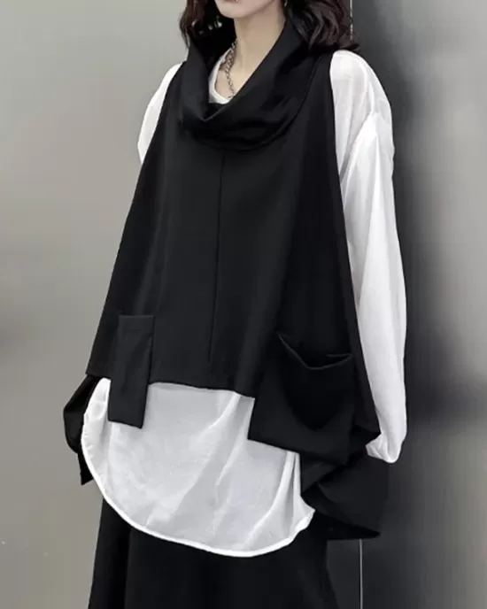 High-Low Irregular Clipping Hooded Solid Color Heaps Collar Vest Top