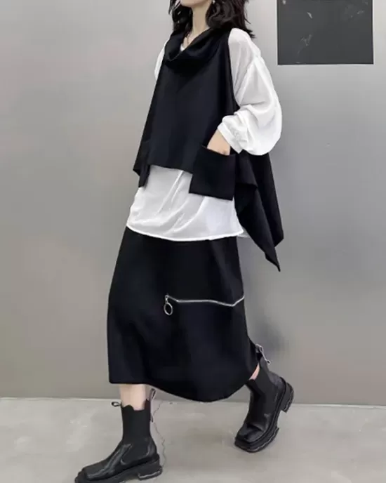 High-Low Irregular Clipping Hooded Solid Color Heaps Collar Vest Top