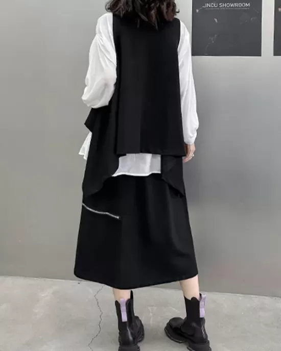 High-Low Irregular Clipping Hooded Solid Color Heaps Collar Vest Top