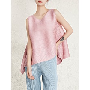 Cropped Sleeveless Pleated Round-Neck Vest Top