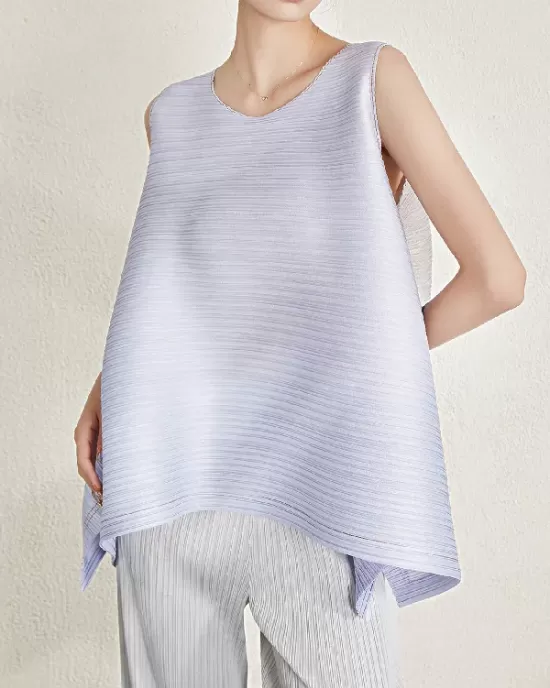 Cropped Sleeveless Pleated Round-Neck Vest Top