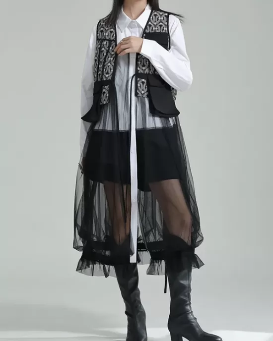 Gauze Jacquard Split-Joint Loose V-neck Vest Outerwear