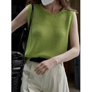 Hollow Solid Color Loose Sleeveless Round-neck Vest Top