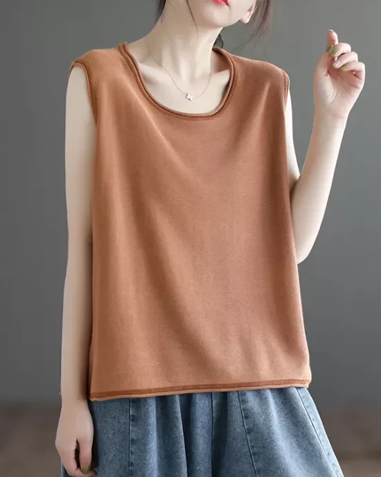 Solid Color Loose Sleeveless Round-neck Knitting Vest Top