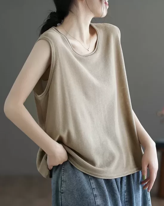 Solid Color Loose Sleeveless Round-neck Knitting Vest Top