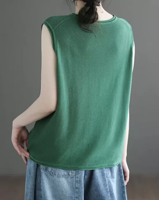 Solid Color Loose Sleeveless Round-neck Knitting Vest Top