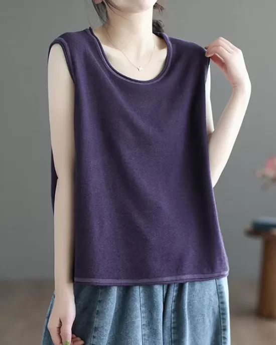 Solid Color Loose Sleeveless Round-neck Knitting Vest Top