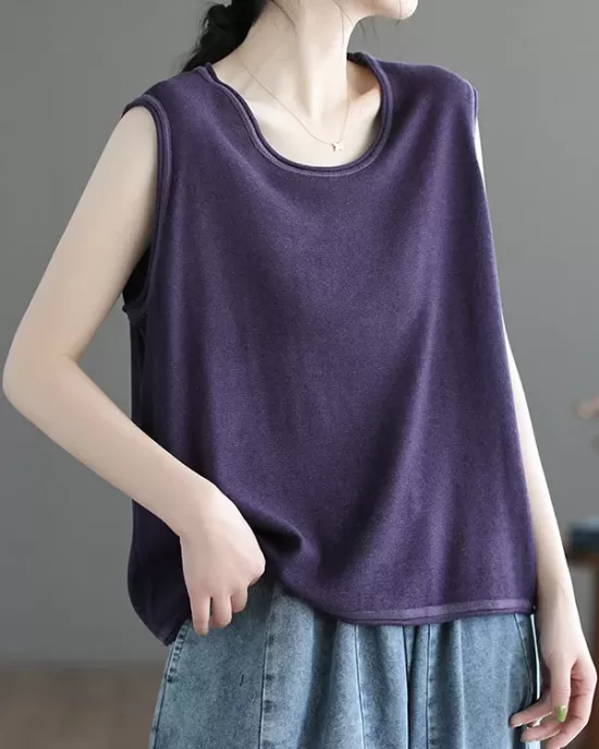 Solid Color Loose Sleeveless Round-neck Knitting Vest Top