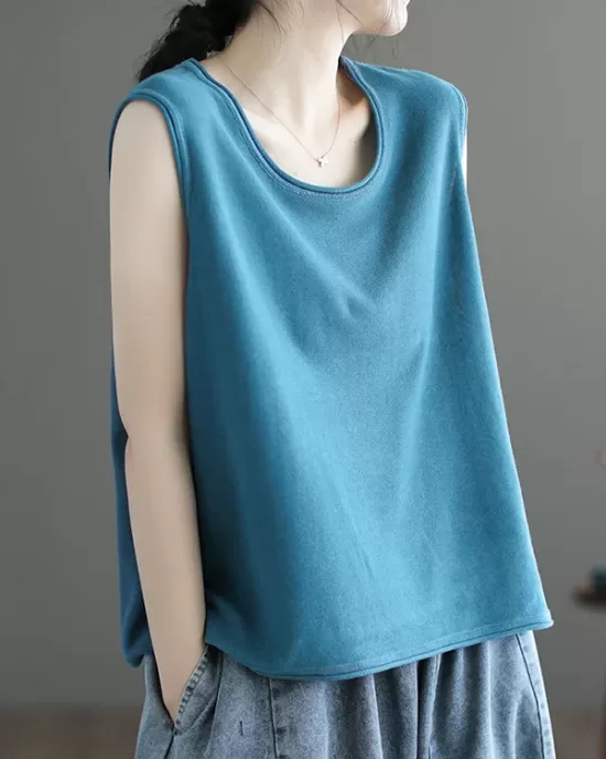 Solid Color Loose Sleeveless Round-neck Knitting Vest Top