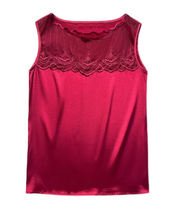 Lacy Solid Color Split-Joint Loose Sleeveless Round-neck Vest Top