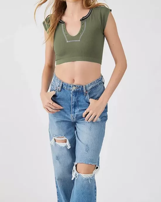 Split-Joint Cap Sleeve Skinny Deep V-Neck Vest Top