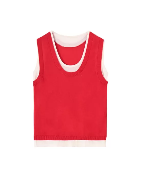 Contrast Color Split-Joint False Two Loose Round-neck Vest Top