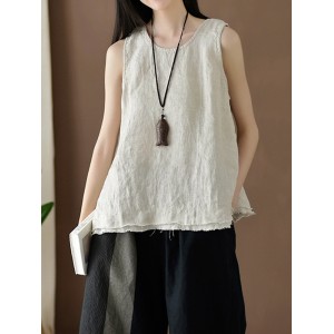 Fringed Solid Color Loose Sleeveless Round-Neck Vest Top