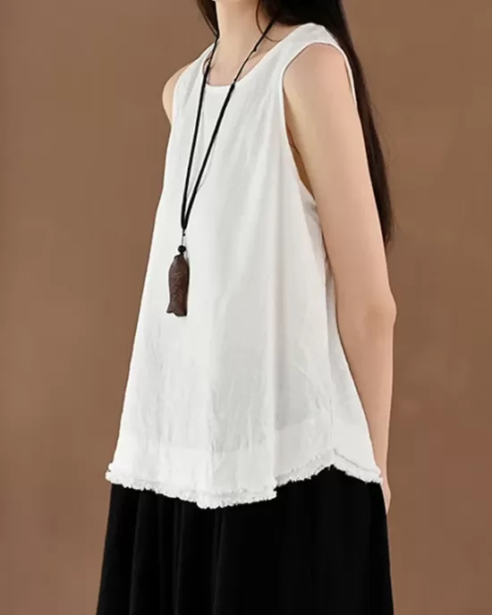 Fringed Solid Color Loose Sleeveless Round-Neck Vest Top