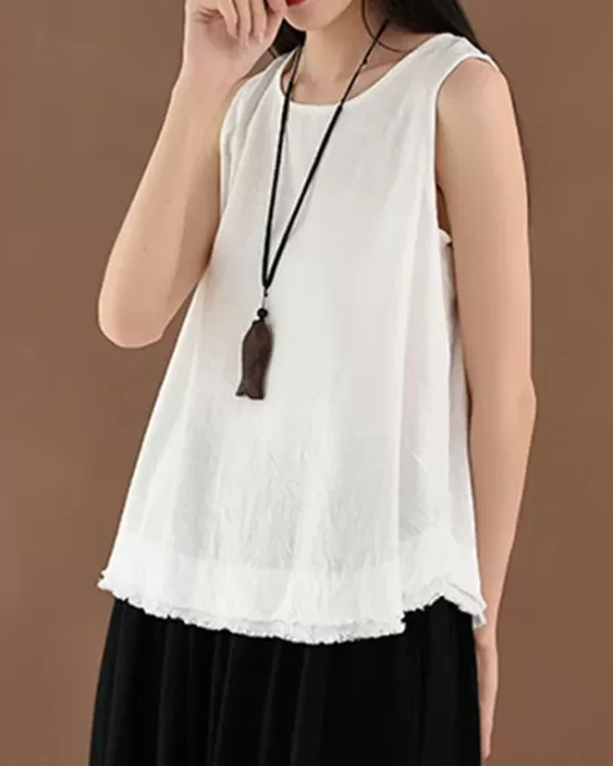 Fringed Solid Color Loose Sleeveless Round-Neck Vest Top