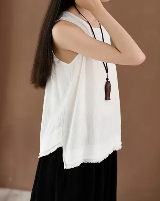 Fringed Solid Color Loose Sleeveless Round-Neck Vest Top